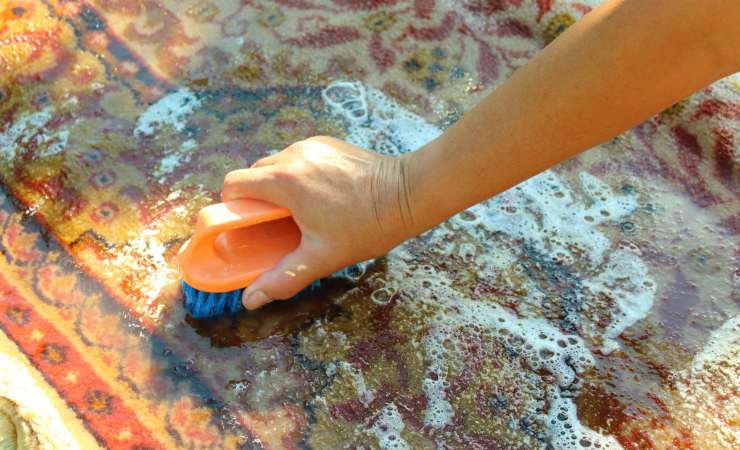 Persona che pulisce tappeto sporco con una spugna e sapone