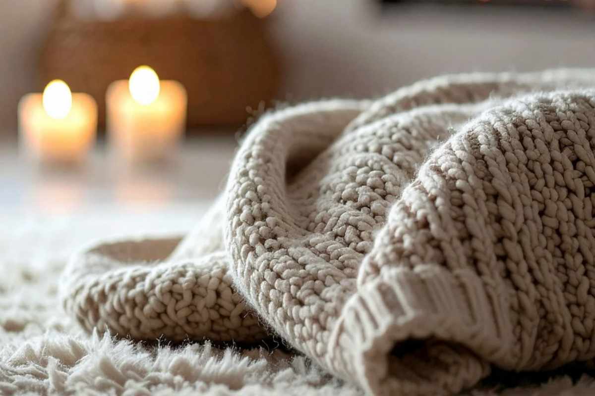 Coperta di lana grigia con candele sullo sfondo